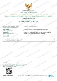 Lampiran registrasi sertifikat halal luar negeri BPJPH nomor REG RI HL MY000017890124 untuk FEMOIRE NOVIA CAPSULE