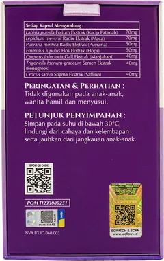 Sisi dus FEMOIRE NOVIA dengan komposisi per kapsul, peringatan, cara simpan, kode QR BPOM dan hologram SCRATCH & SCAN
