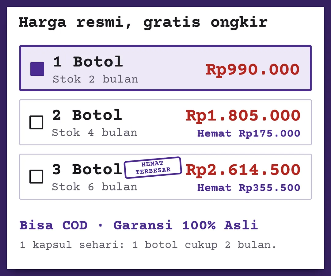 Harga resmi FEMOIRE NOVIA: 1 botol (2 bulan) Rp990.000, 2 botol (4 bulan) Rp1.805.000, 3 botol (6 bulan) Rp2.614.500. Gratis ongkir, bisa COD.