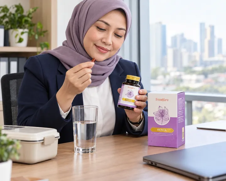 Wanita berhijab usia 40-an di meja kerja setelah makan siang memegang botol FEMOIRE NOVIA dan satu kapsul, dus NOVIA di meja