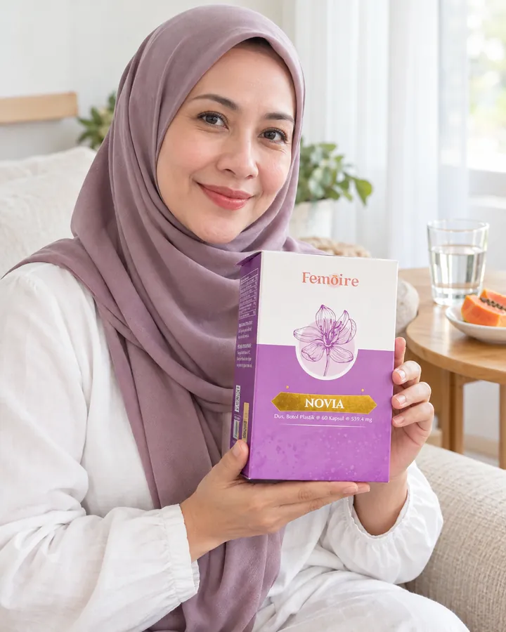 Wanita berhijab usia 30-an di ruang tamu pagi hari memegang dus FEMOIRE NOVIA