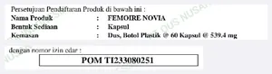 Potongan surat persetujuan Badan POM RI: Nama Produk FEMOIRE NOVIA, Bentuk Sediaan Kapsul, nomor izin edar POM TI233080251