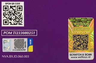 Sisi dus FEMOIRE NOVIA: kode QR BPOM, nomor POM TI233080251 dan hologram Wellous SCRATCH & SCAN