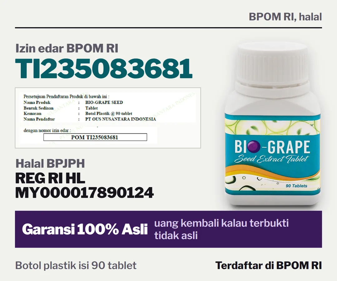BIO-GRAPE SEED asli: izin edar BPOM RI TI235083681, halal REG RI HL MY000017890124, botol plastik isi 90 tablet, Garansi 100% Asli.