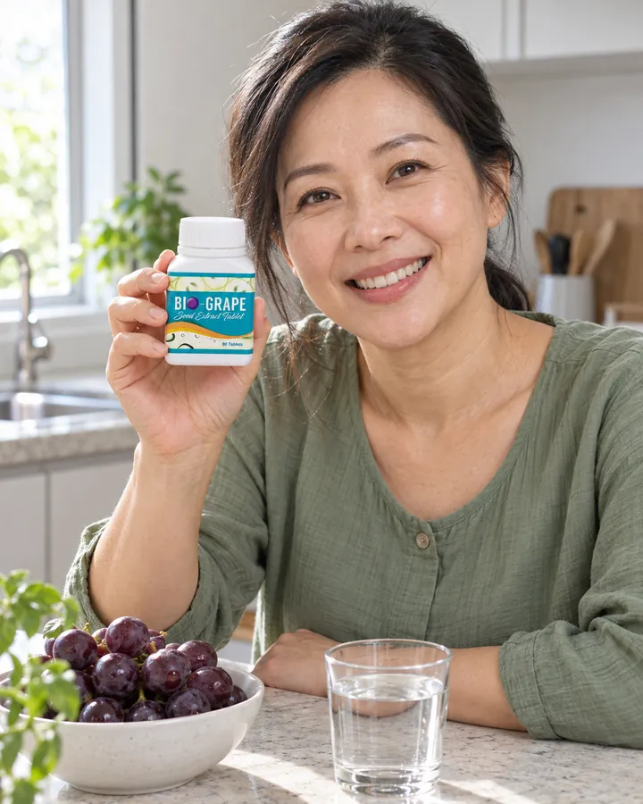 Wanita usia 40-an di dapur pagi hari memegang botol BIO-GRAPE SEED, semangkuk anggur di meja