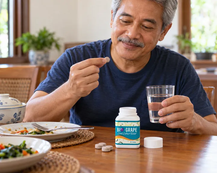 Pria usia 50-an di meja makan keluarga setelah makan siang, memegang satu tablet BIO-GRAPE SEED dan segelas air, botolnya di meja