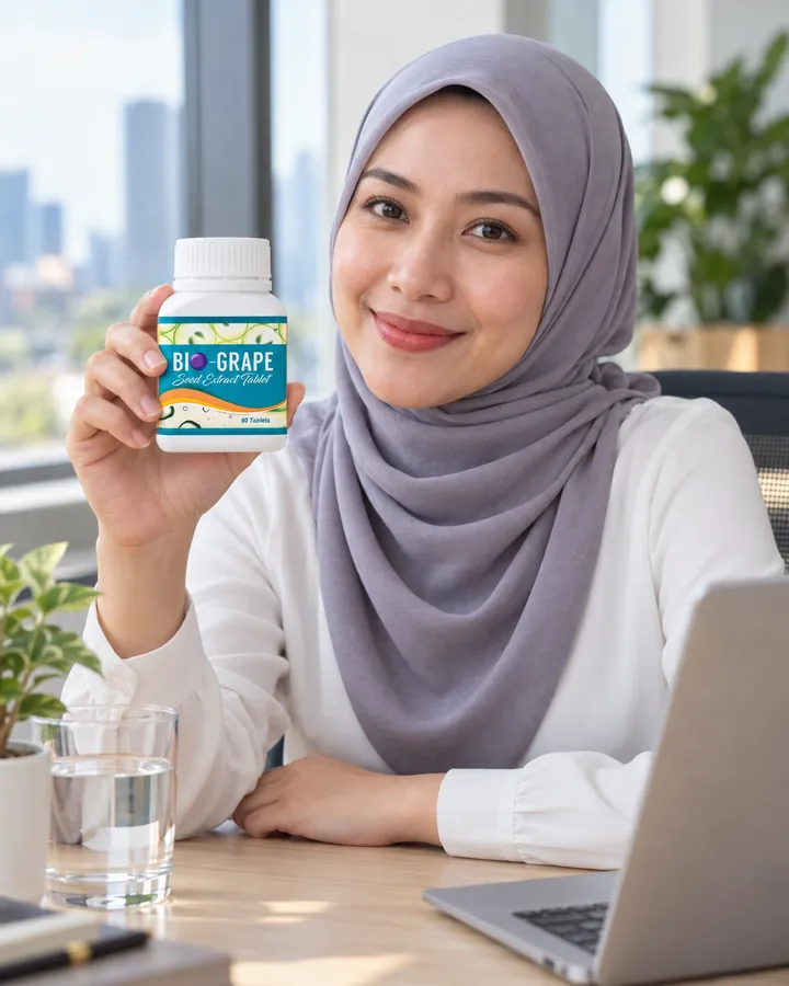 Wanita berhijab usia 30-an di meja kerja kantor memegang botol BIO-GRAPE SEED