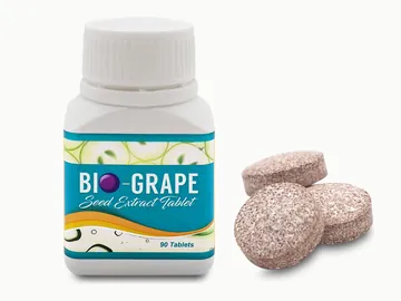 Botol BIO-GRAPE SEED dari depan dan tablet-tabletnya