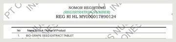 Potongan lampiran registrasi halal BPJPH: nomor REG RI HL MY000017890124, nama produk BIO-GRAPE SEED EXTRACT TABLET