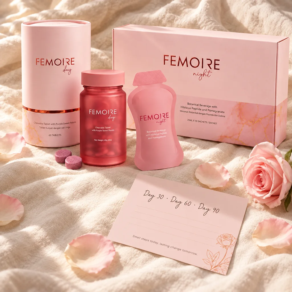 The 90-Day Programme flat-lay — three Femoire boxes and the Day 30 · 60 · 90 progress card