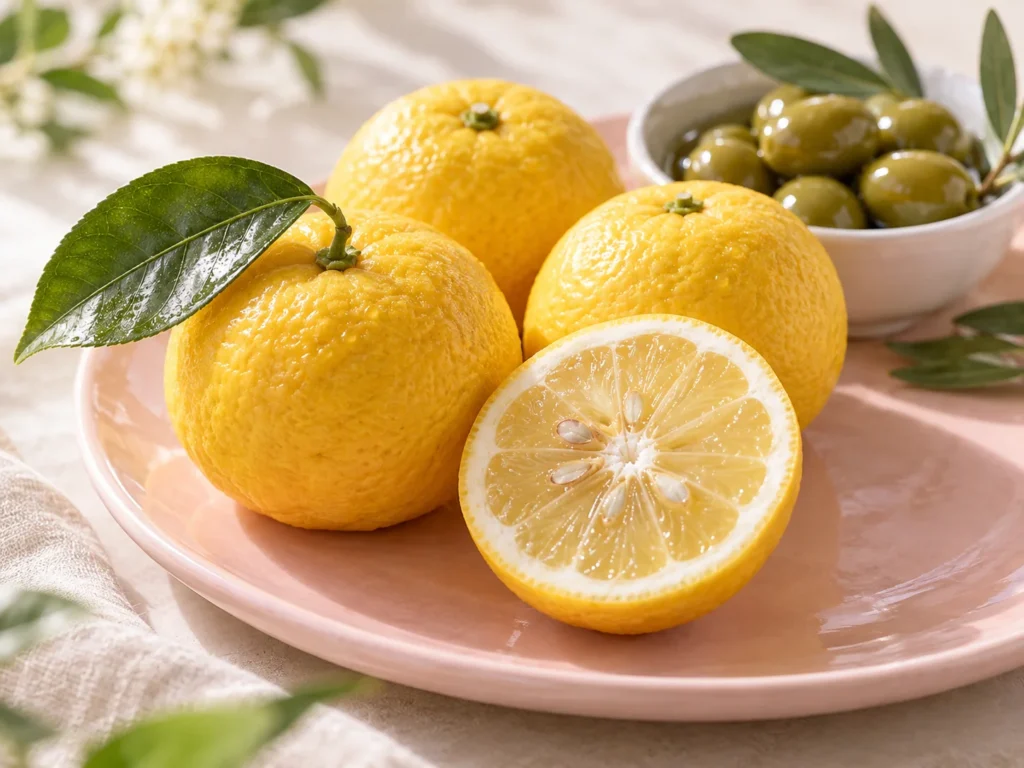 Whole and halved yellow yuzu on a pale pink plate with a small dish of green olives