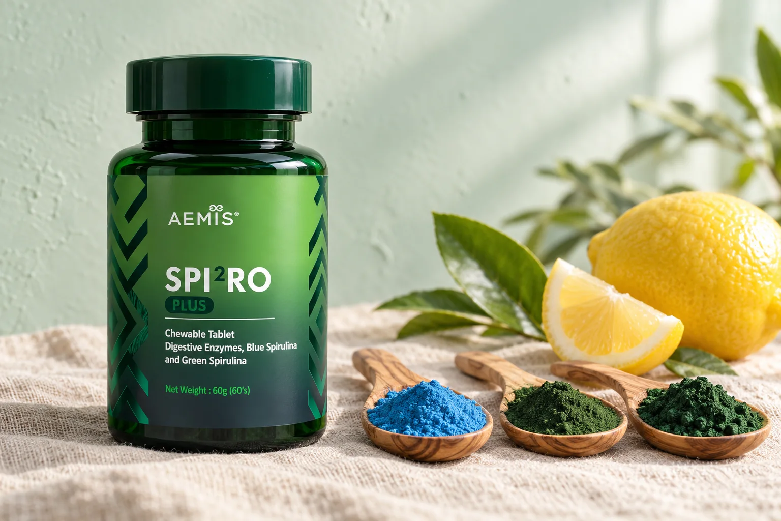 A SPIRO Plus bottle beside wooden spoons of spirulina and chlorella and a lemon