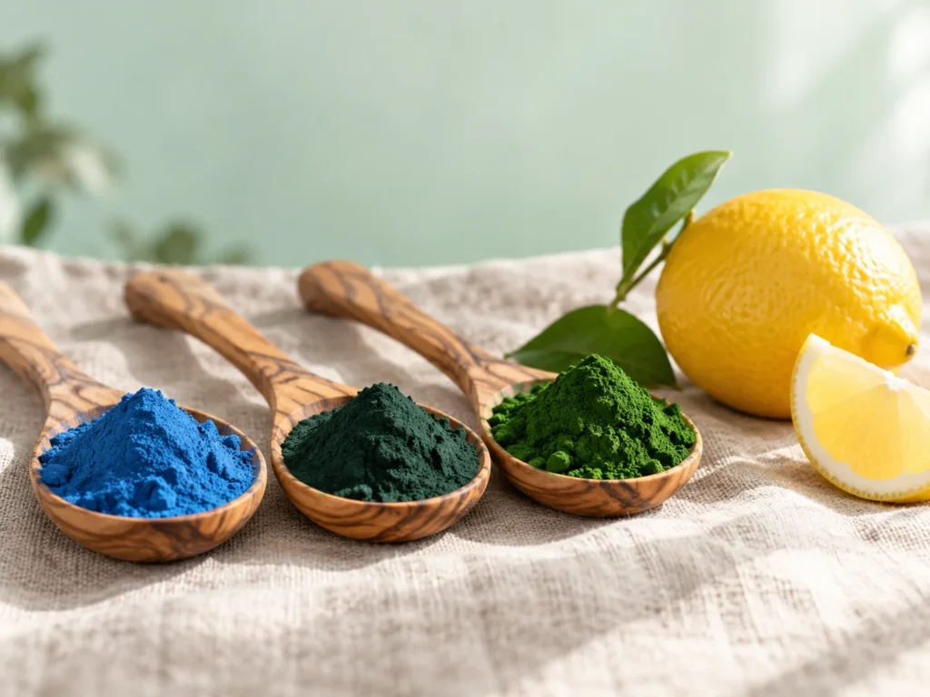 Wooden spoons of blue spirulina, green spirulina and chlorella powder beside a lemon
