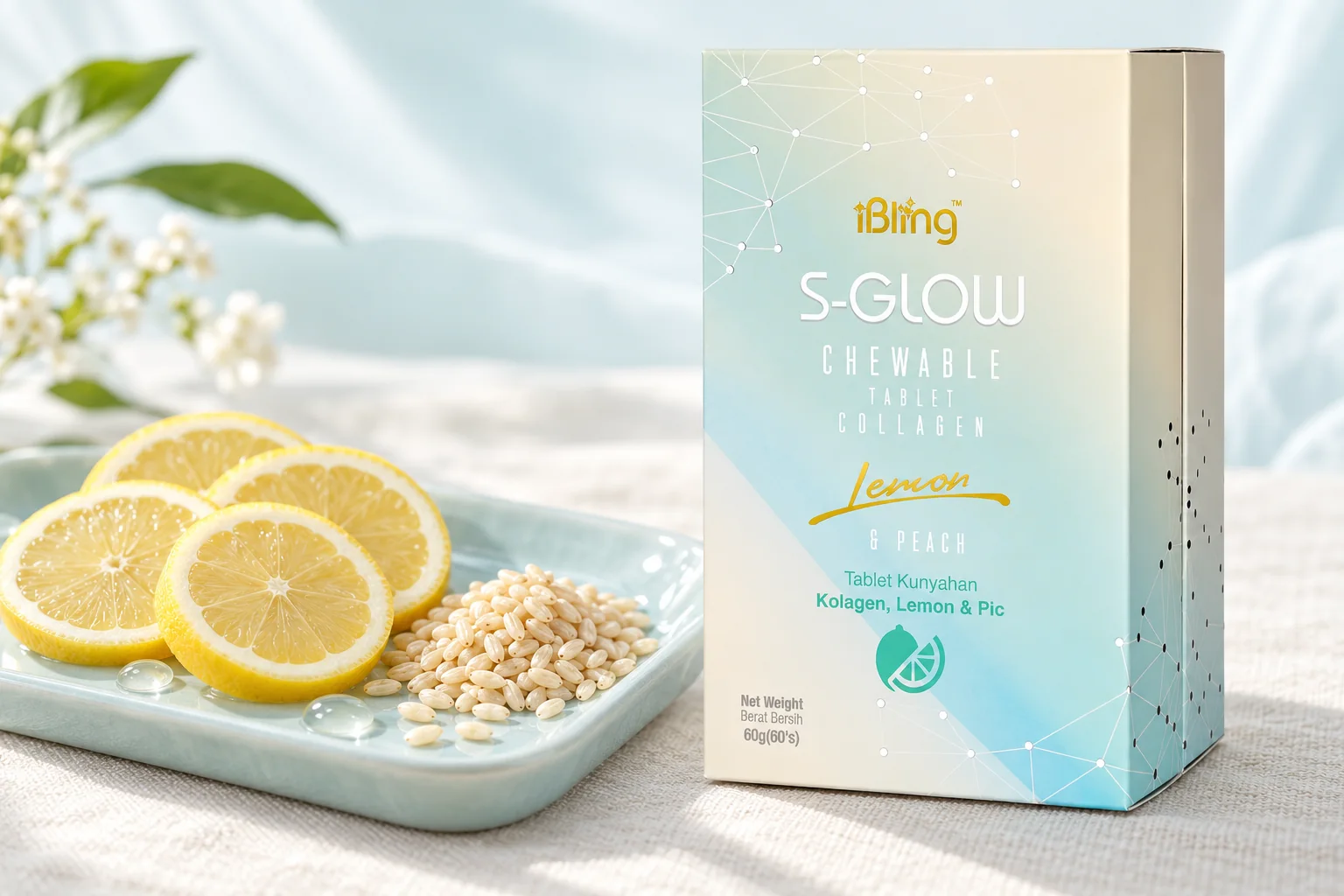 The S-GLOW box beside lemon wheels and germ rice on a pale aqua tray