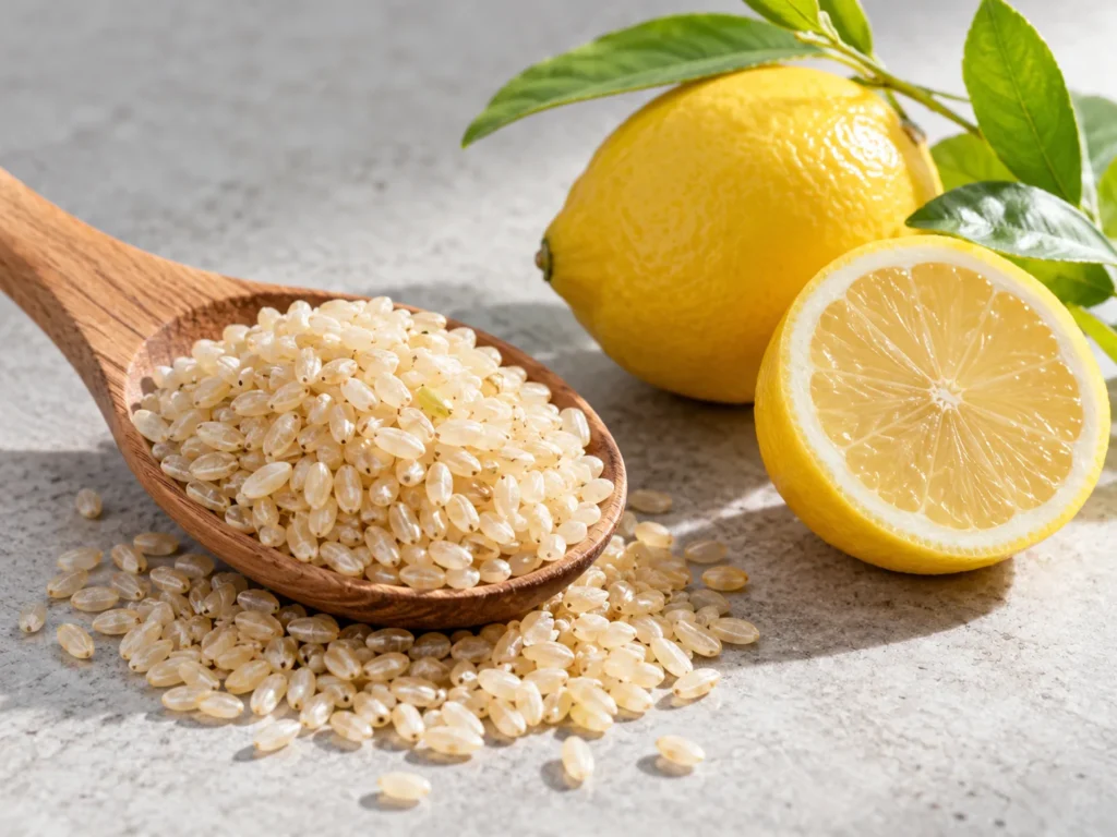 A wooden spoon of Japanese germ rice beside a halved lemon on grey stone