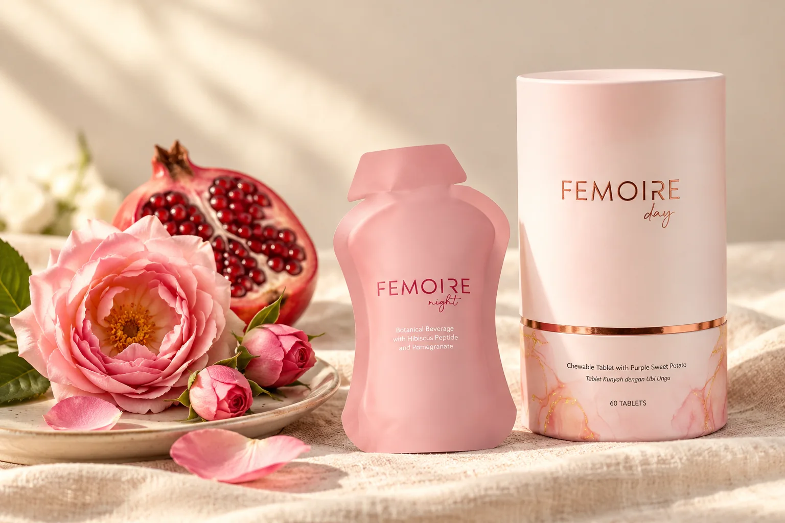 The Femoire Day canister and Femoire Night pouch with a pink Damask rose, rosebuds and half a pomegranate on cream linen