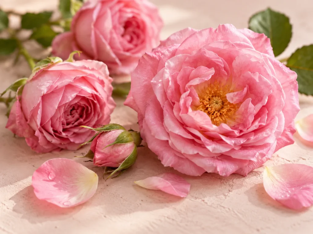 Pink Damask roses, one fully open showing its golden centre, with loose petals
