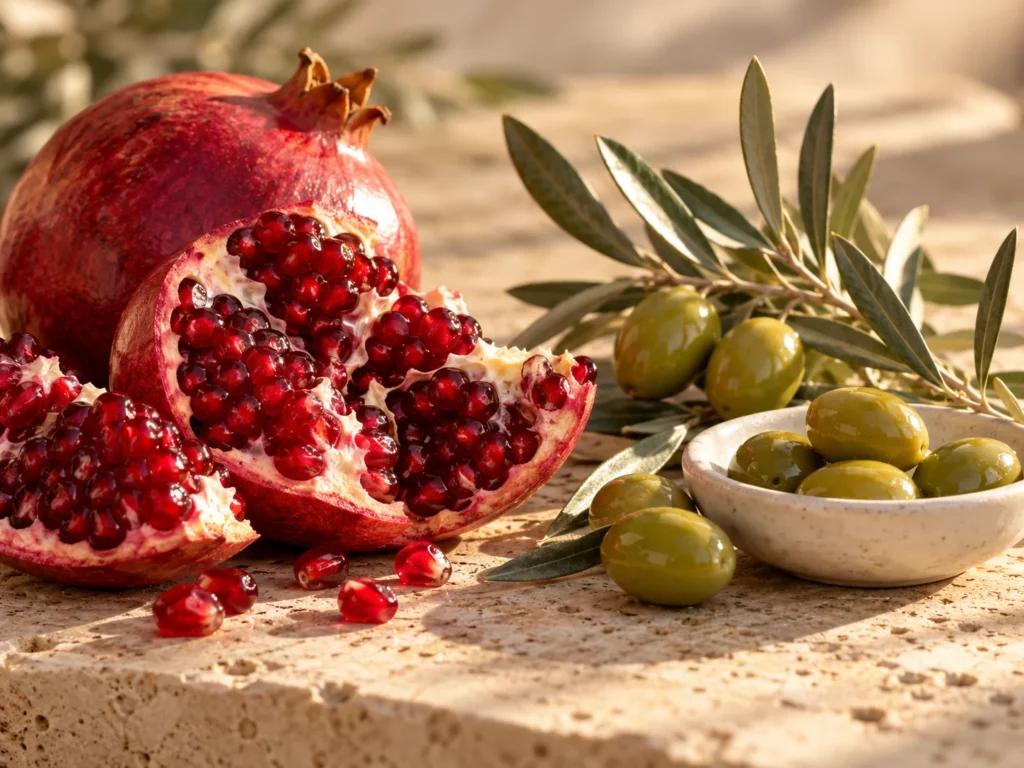 An open red pomegranate beside an olive branch with green olives on cream stone
