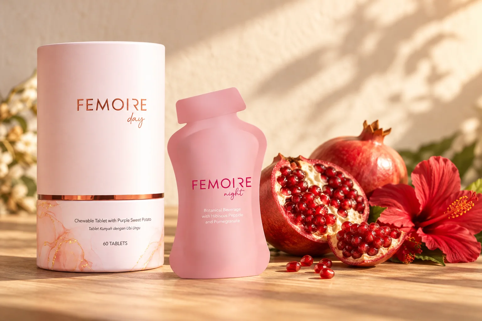The Femoire Day canister and Femoire Night pouch with an open red pomegranate and two red hibiscus flowers on oak