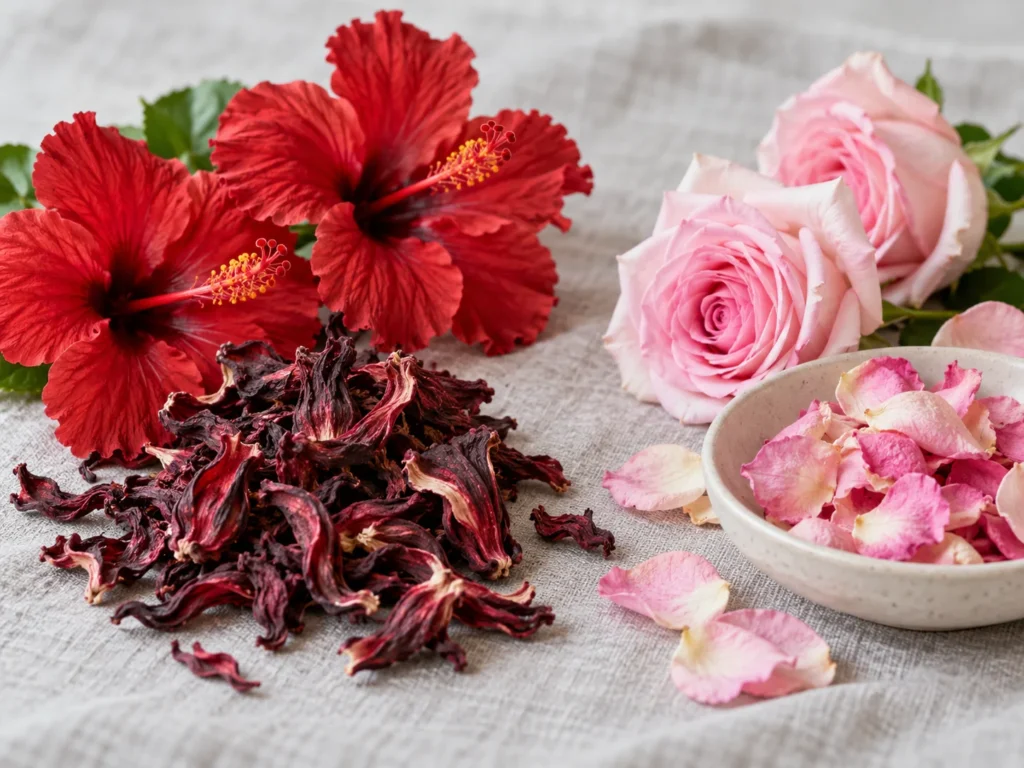 Fresh and dried red hibiscus beside pale pink Bulgarian roses in a white ceramic bowl