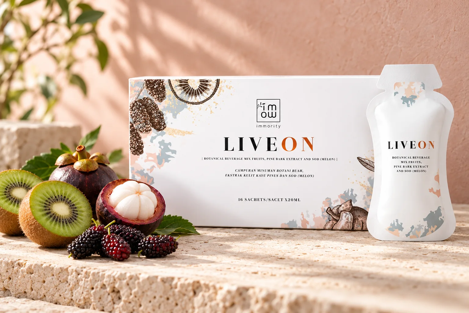 The LIVEON box and sachet with halved kiwis, an open mangosteen and ripe mulberries
