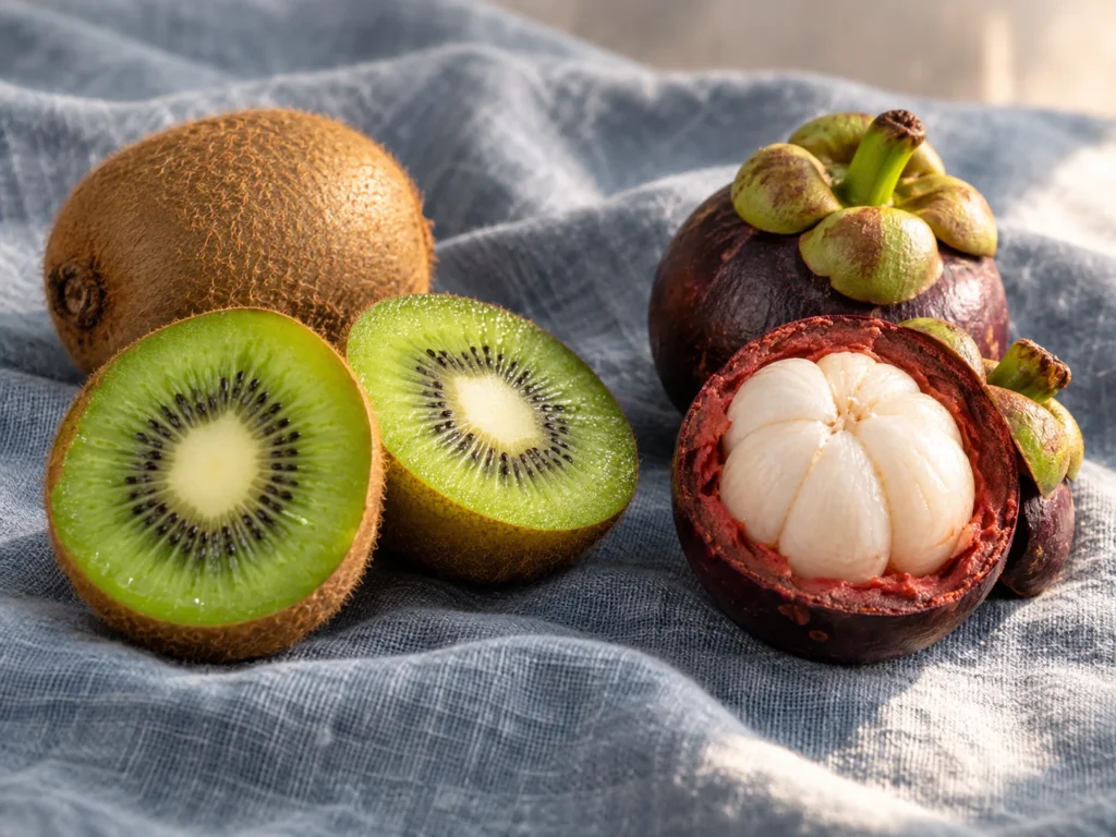 Halved kiwis and an opened mangosteen on a blue-grey linen cloth