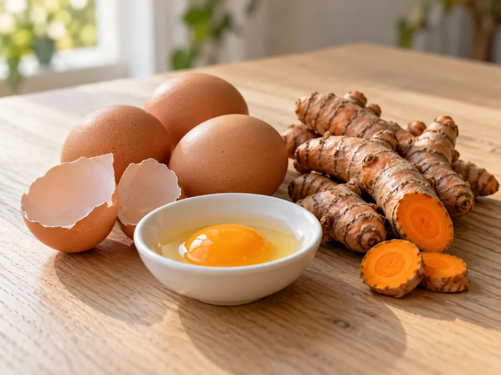 Brown eggs, an open eggshell showing its membrane, an egg yolk and fresh turmeric roots