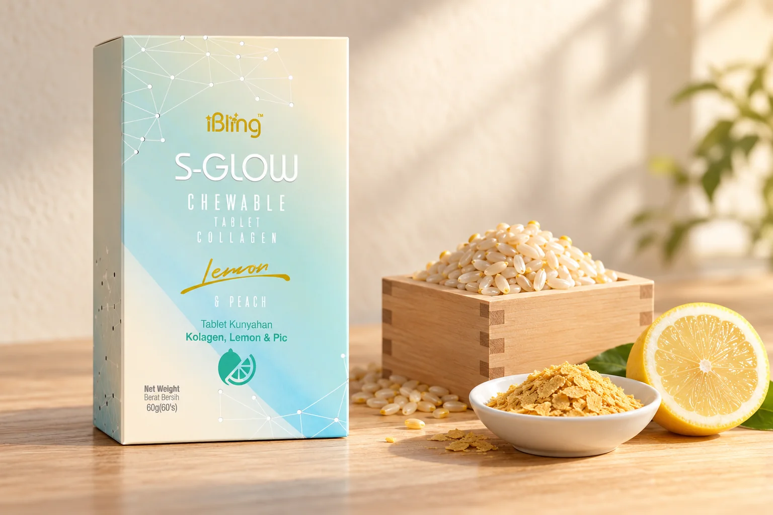 The S-GLOW box with Japanese germ rice, nutritional yeast flakes and half a lemon