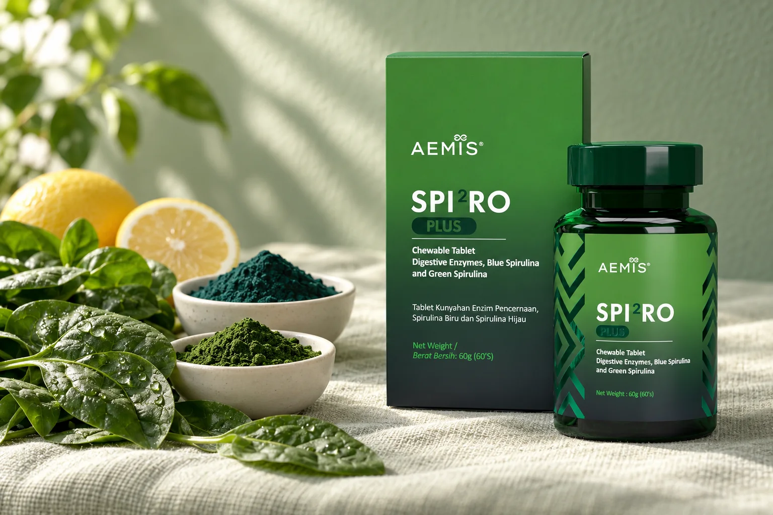 The SPIRO Plus box and bottle with fresh spinach and small bowls of spirulina and chlorella powder