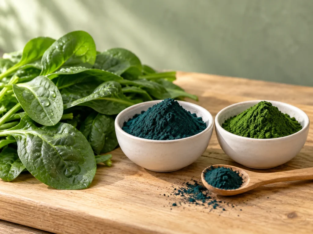 Fresh spinach leaves beside small bowls of spirulina and chlorella powder on an oak board