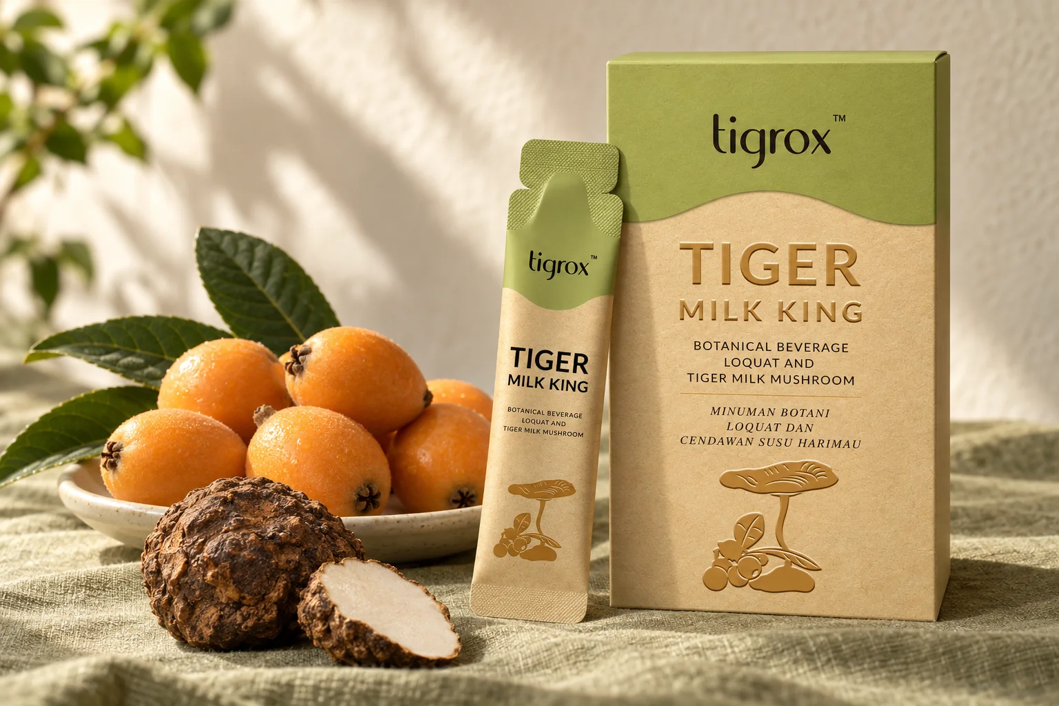 TIGROX Tiger Milk King Loquat box and sachet with fresh loquats and a tiger milk mushroom tuber on olive linen