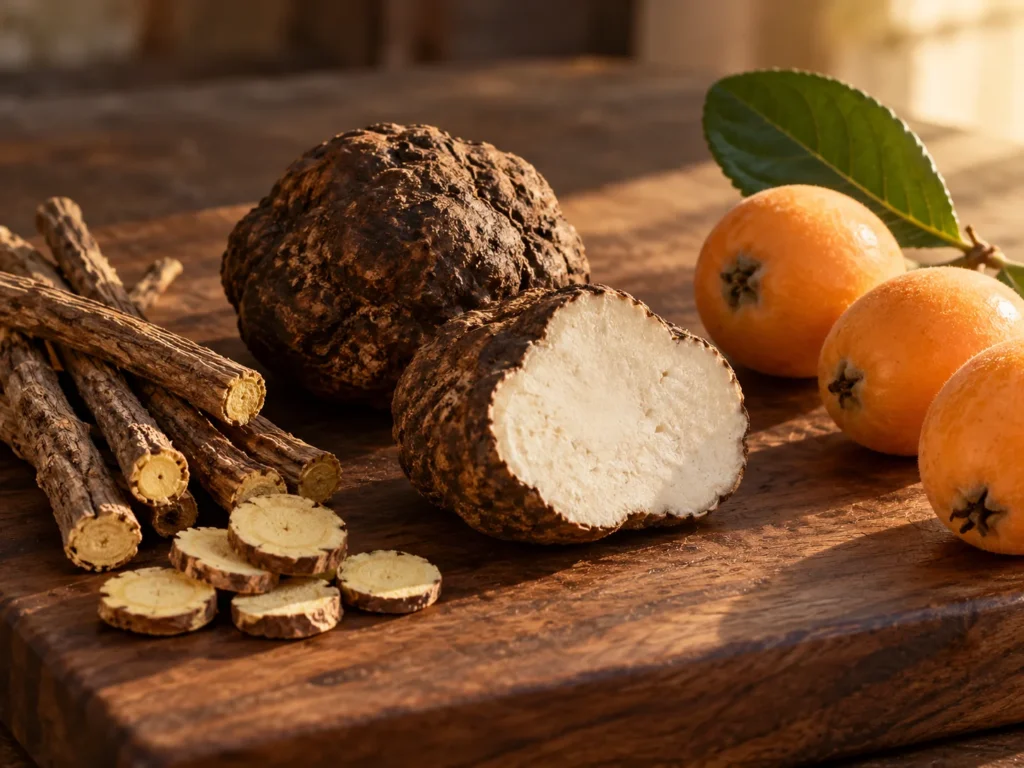 Tiger milk mushroom tubers, one cut open, with dried licorice root sticks and fresh loquats on a walnut board