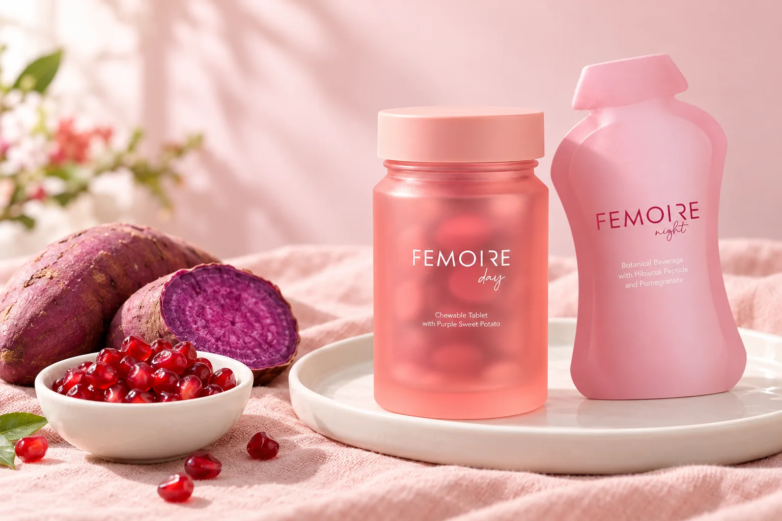 The Femoire Day jar and Femoire Night pouch on a white tray with purple sweet potato and pomegranate seeds