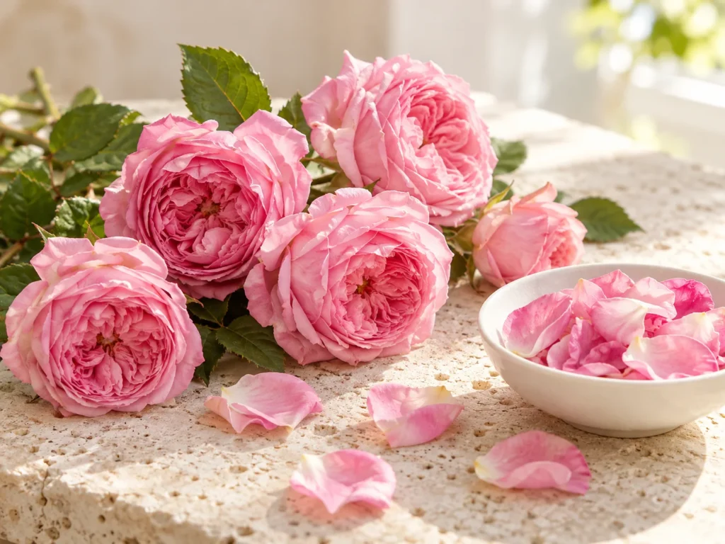 Pink Bulgarian roses and a white bowl of rose petals on pale stone