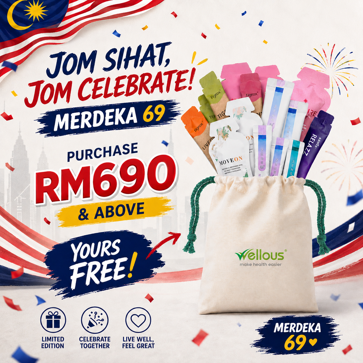 Merdeka 69 promotion — spend RM690 or more and receive a free Wellous Wonder Pouch