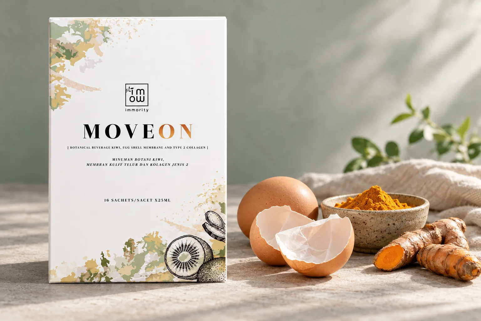 The MOVEON box with cracked brown eggs, fresh turmeric roots and a bowl of turmeric powder