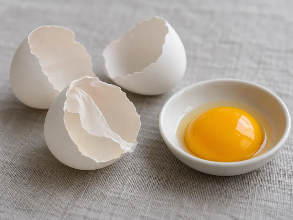 Broken white eggshells with their thin membrane and a whole egg yolk in a white dish