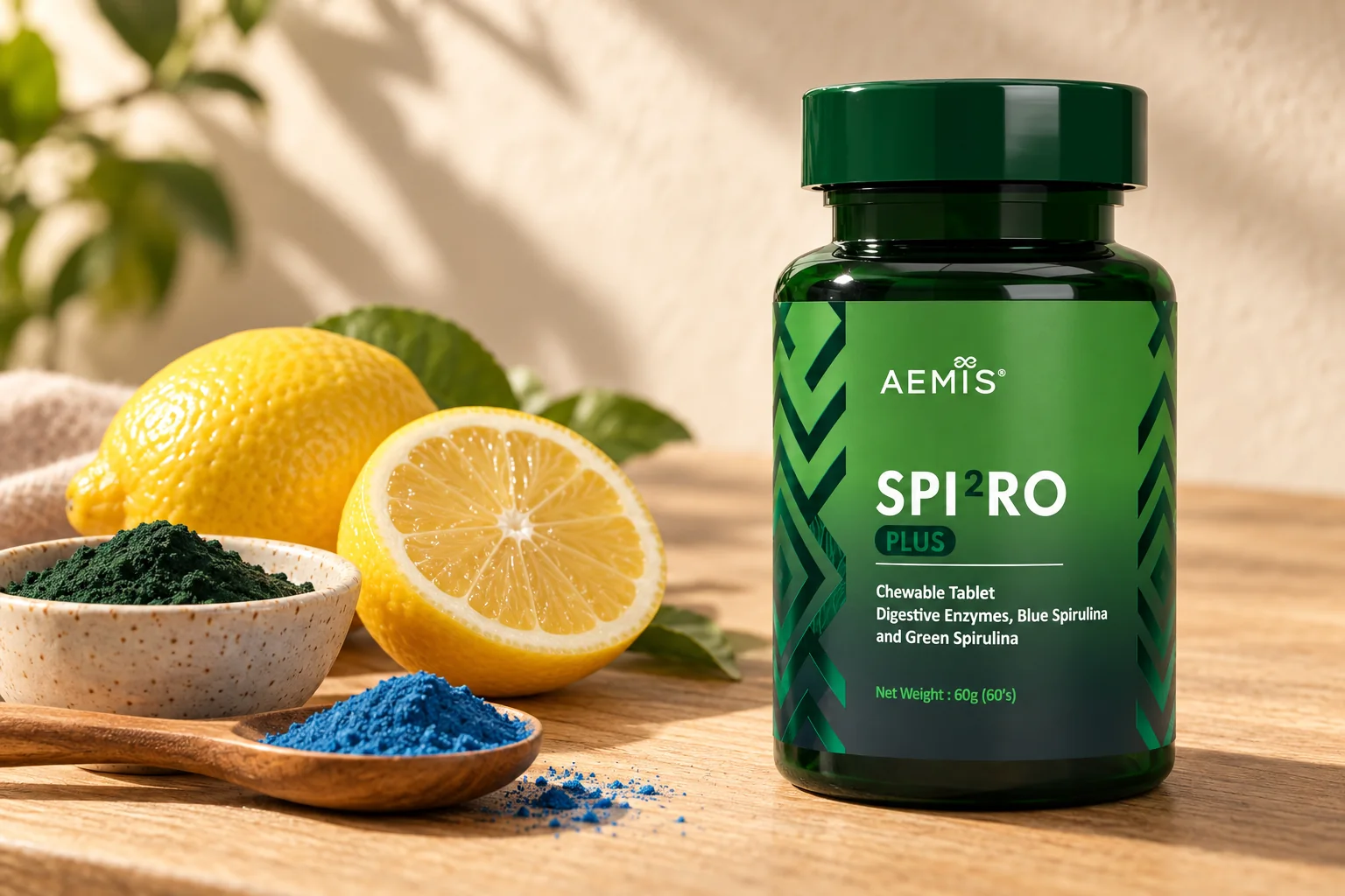 A SPIRO Plus bottle with a halved lemon and small bowls of green and blue spirulina
