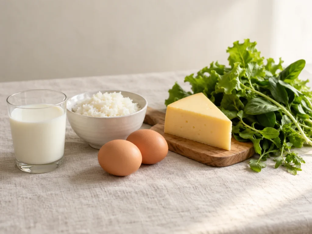 A glass of milk, a bowl of rice, eggs, cheese and leafy greens on pale linen