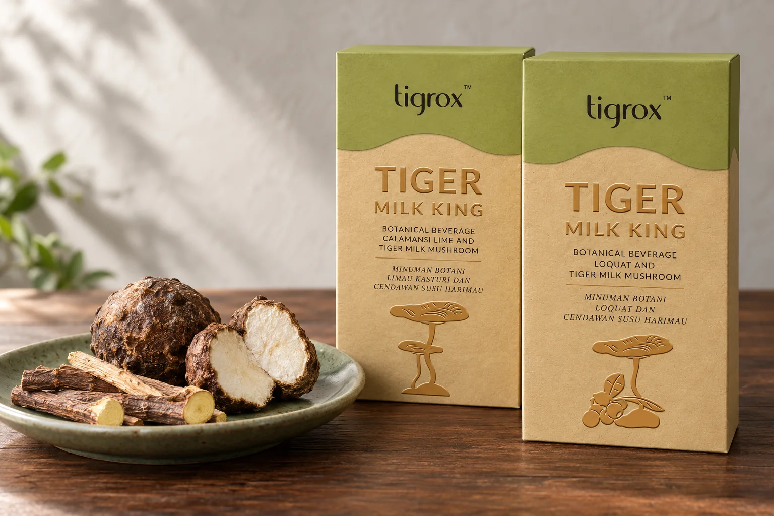 TIGROX Tiger Milk King Calamansi and Loquat boxes with tiger milk mushroom tubers and dried licorice root