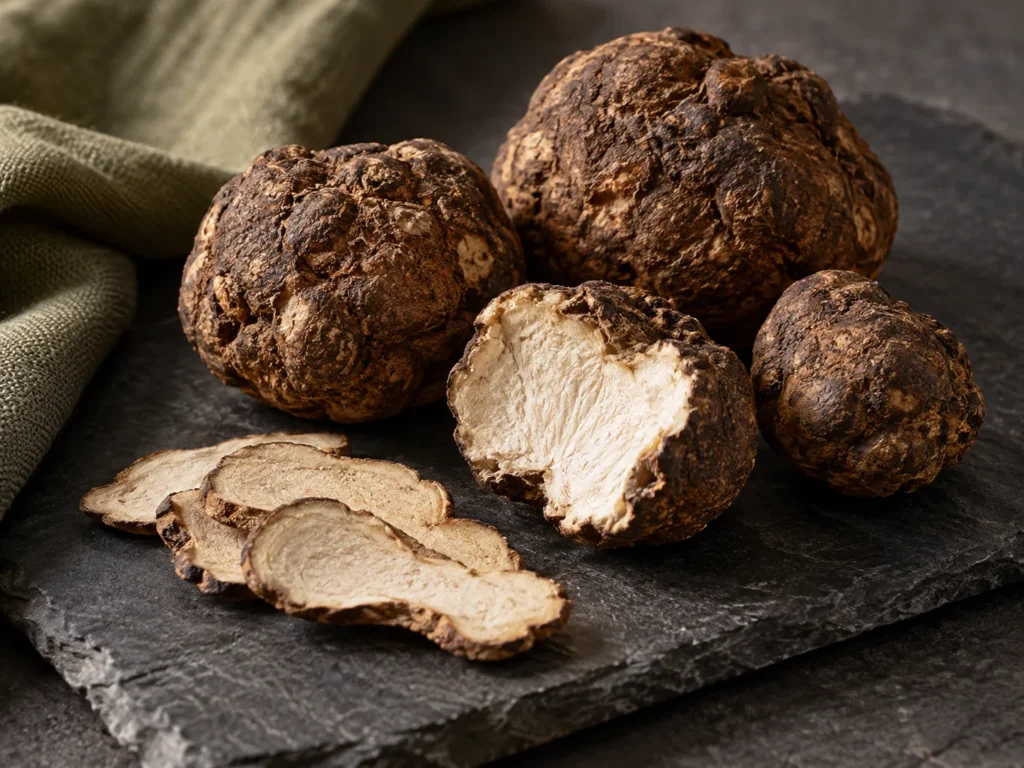 Cultivated tiger milk mushroom tubers on dark slate, one broken open to show a creamy white inside