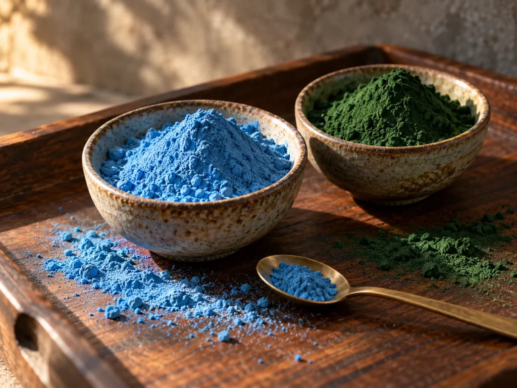 Bowls of green and blue spirulina powder with a brass spoon on a teak tray