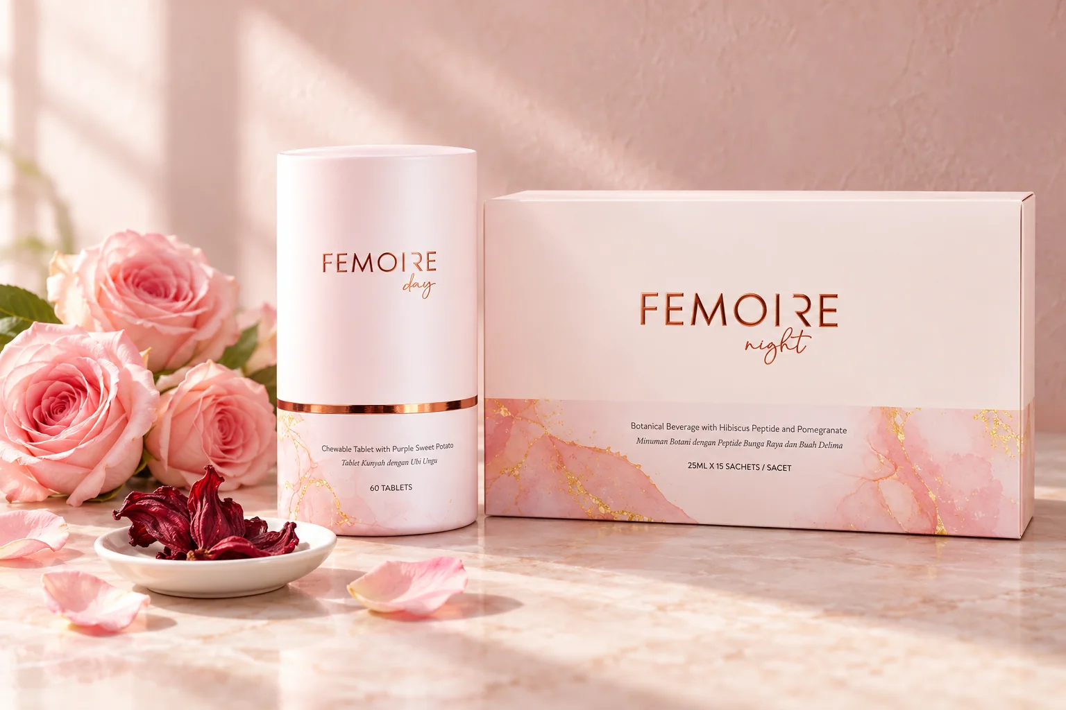 The Femoire Day canister and Femoire Night box with pale pink Bulgarian roses and a dried hibiscus flower