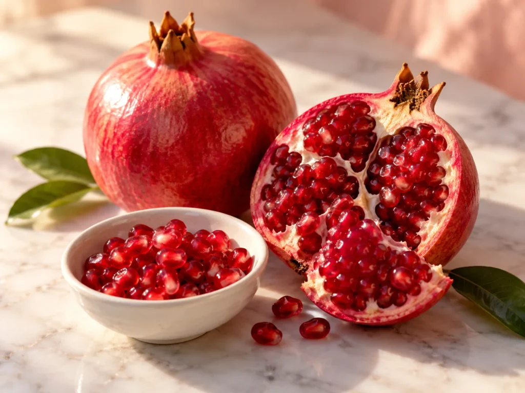 A whole and an open red pomegranate with a bowl of ruby seeds on white marble