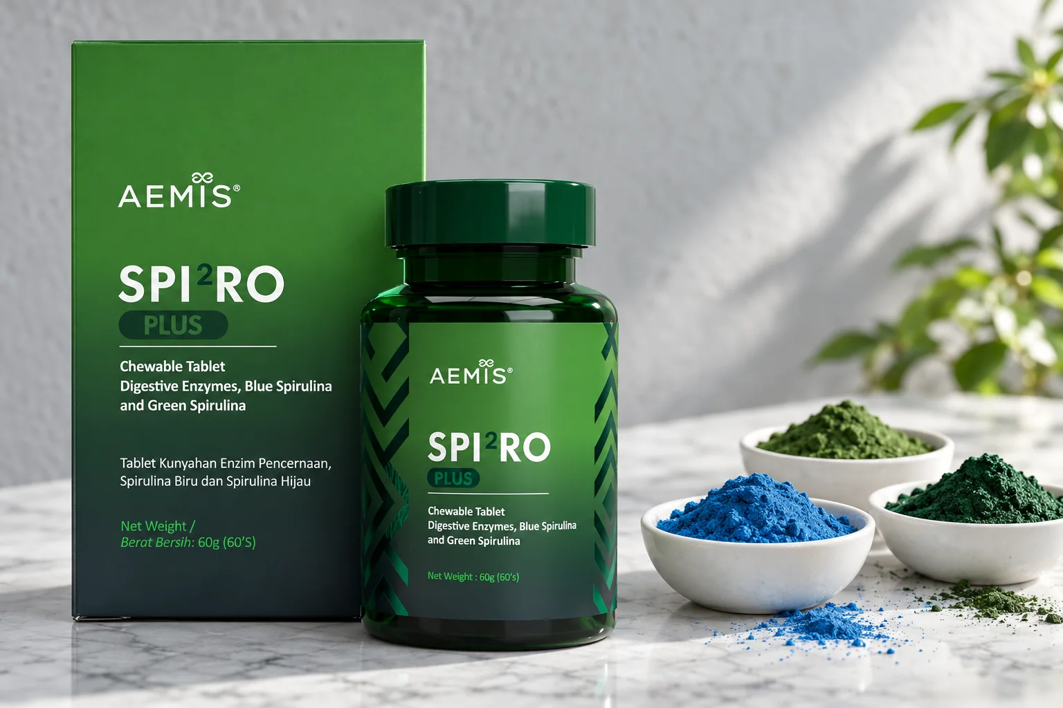 The SPIRO Plus box and bottle beside small bowls of blue spirulina, green spirulina and chlorella