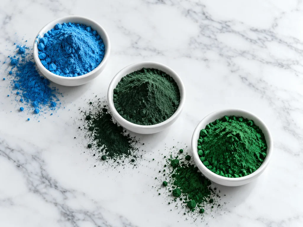 Three small bowls of blue spirulina, green spirulina and chlorella powder on white marble