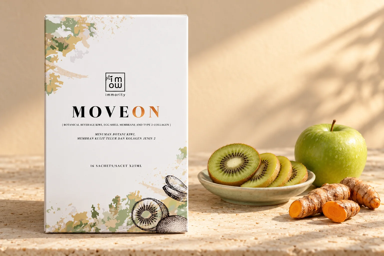 MOVEON 灵活饮盒装,旁边是奇异果片、青苹果与新鲜姜黄