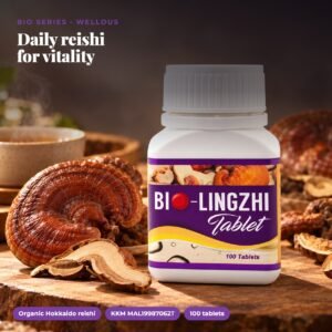 BIO LingZhi bottle with whole red reishi mushrooms on a wooden board
