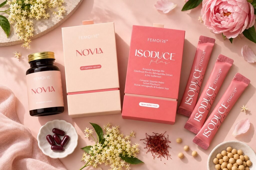 The FEMOIRE Bloom set laid out: NOVIA bottle and box, ISODUCE Plus box and sachets