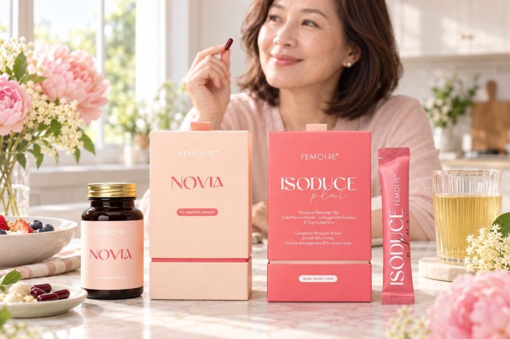 A woman at breakfast holding a NOVIA capsule, with an ISODUCE Plus drink and both boxes